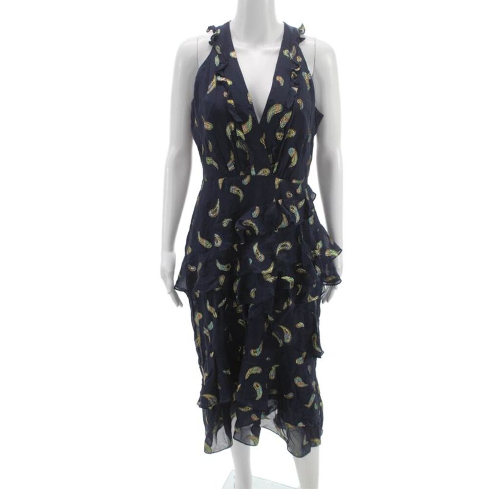 Saloni Womens Fit & Flare Halter Silk Blend Dress Sleeveless Blue Size 8